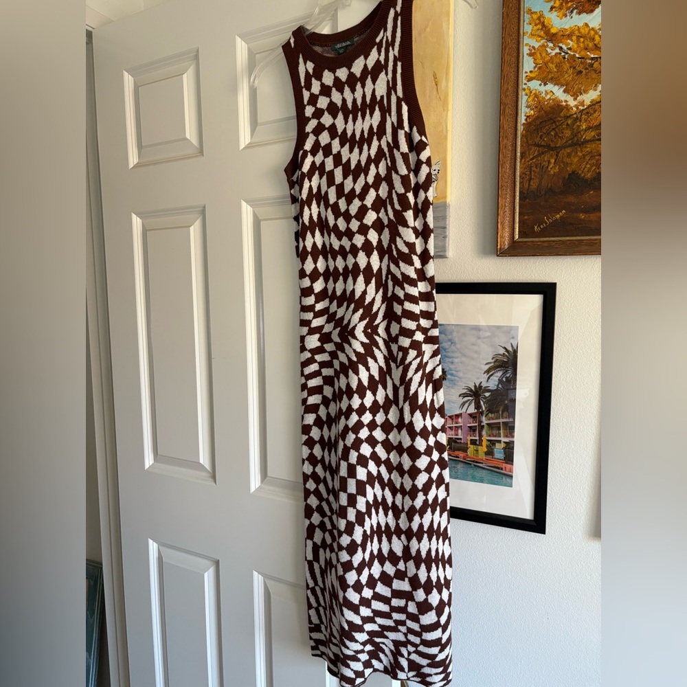 Wild Fable sweater fitted long dress in brown and white 60s 70s groovy print XS